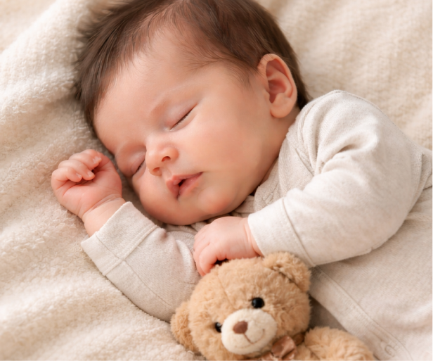 Newborn baby sleeping peacefully with a teddy bear