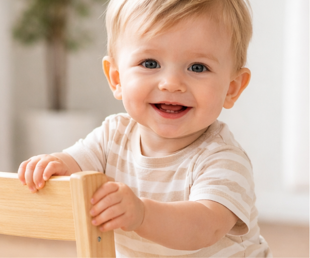 Blonde toddler standing and holding onto a wooden chair