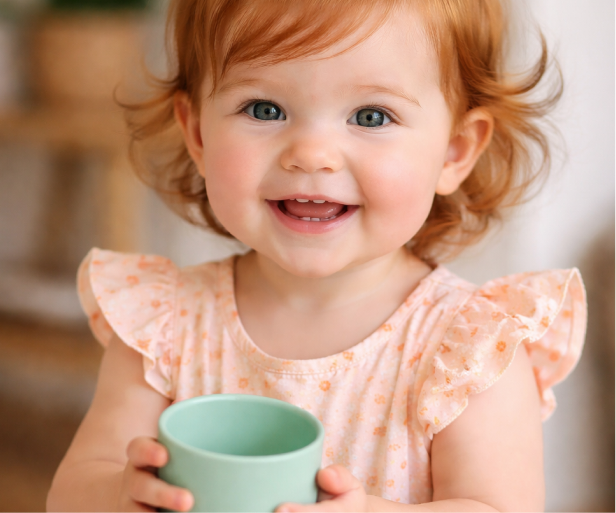 Redhead toddler girl holding a green cup and smiling