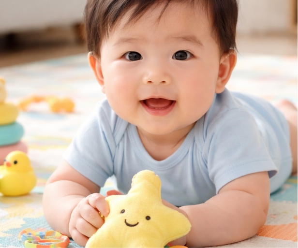 Baby boy in blue onesie playing with a star-shaped toy on a play mat