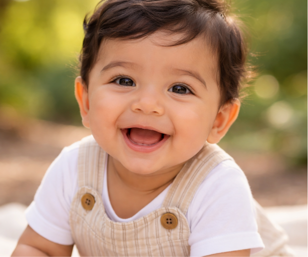 Smiling baby in beige overalls outdoors