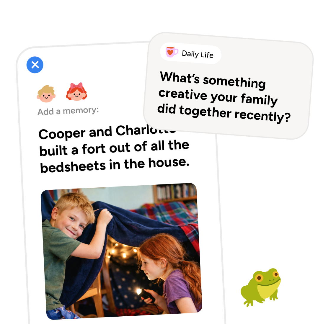 Keepsies memories screen showing a journal entry about building a fort with a Daily Life prompt card