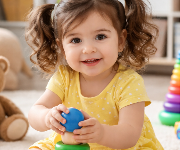Toddler girl in yellow dress playing with colorful stacking toys
